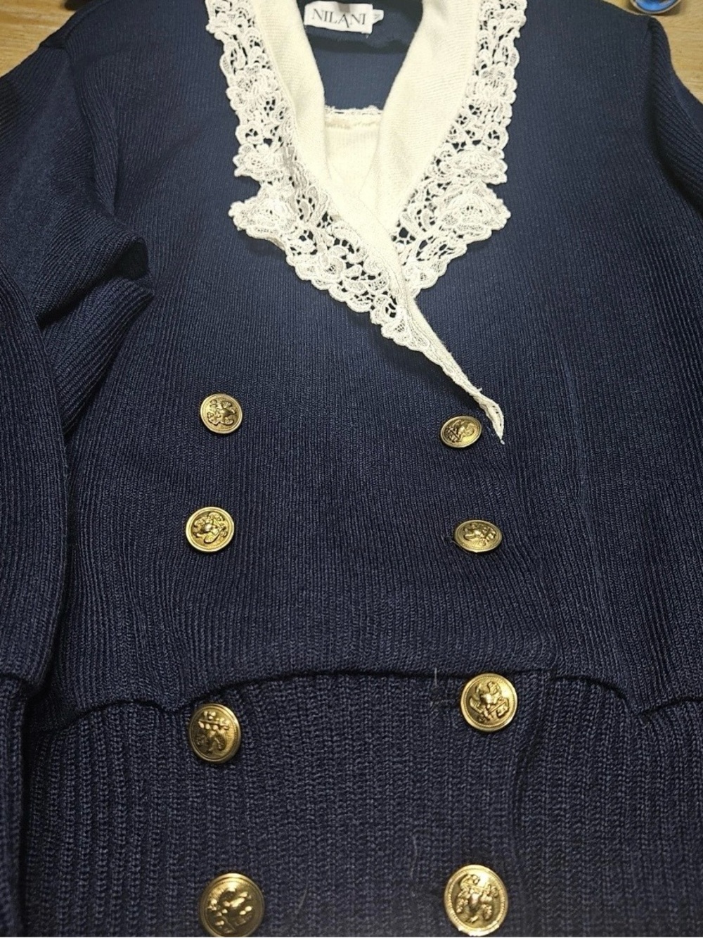 Vintage Nilani Navy Blue Off White Lace Trim knit Cardigan Coquette Sweater M - Picture 2 of 13